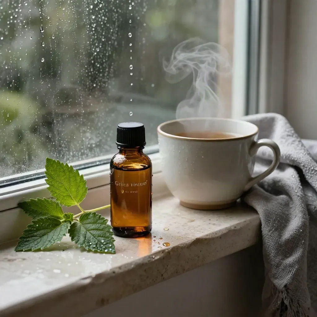 Rainy bathroom ledge with amber tincture, lemon balm, steam, and a linen throw at dusk.