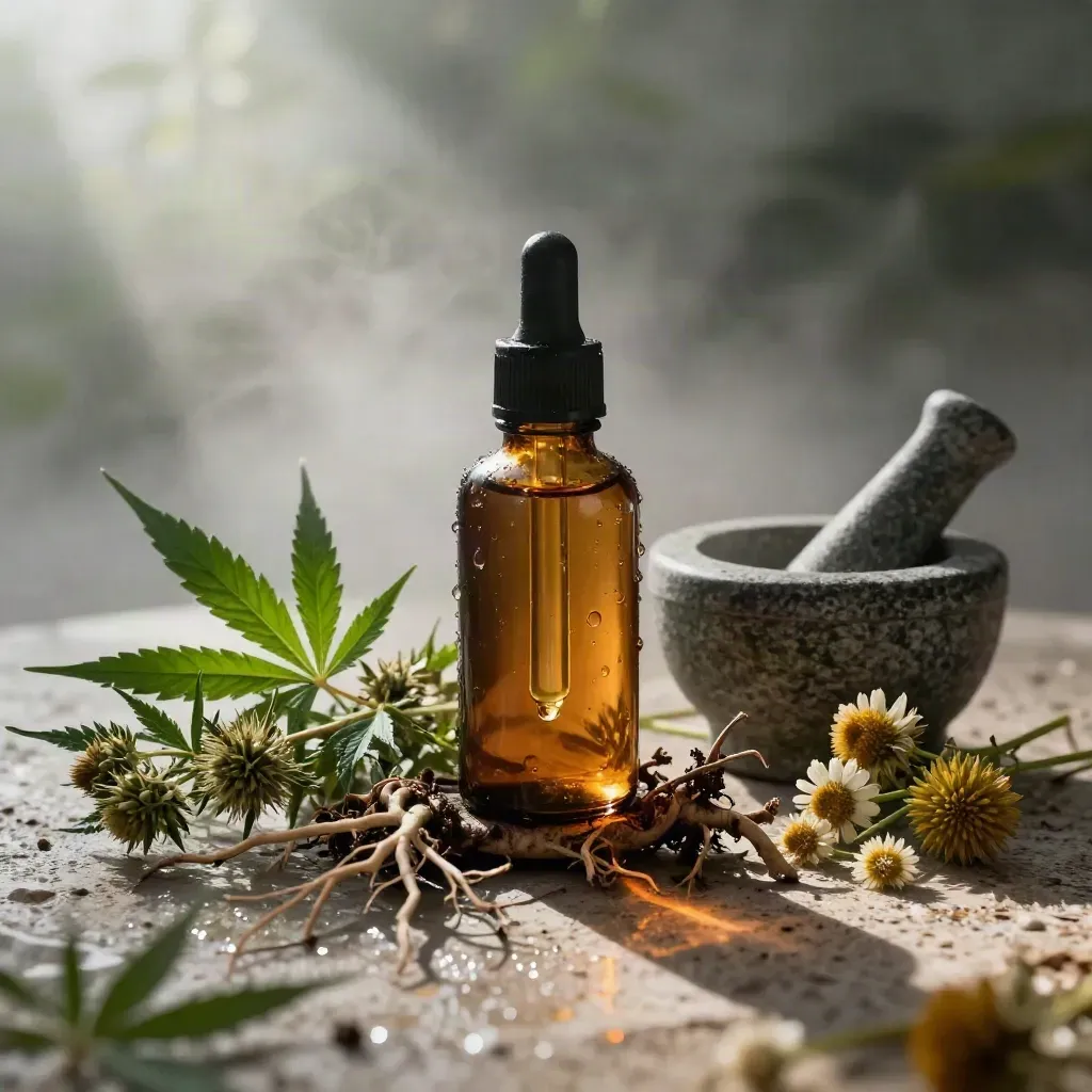 Amber tincture bottle with dropper, roots, hemp leaves, blossoms and mortar in misty dawn light.