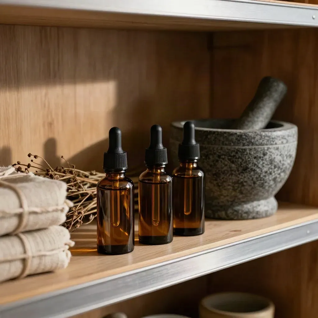 Three tincture bottles and amber jars on a pantry shelf with dried stems and a mortar.