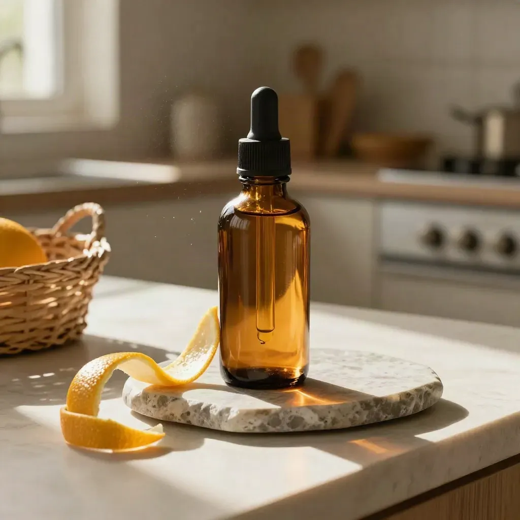 Amber hemp tincture bottle on stone tray with citrus peel and woven basket in warm kitchen light