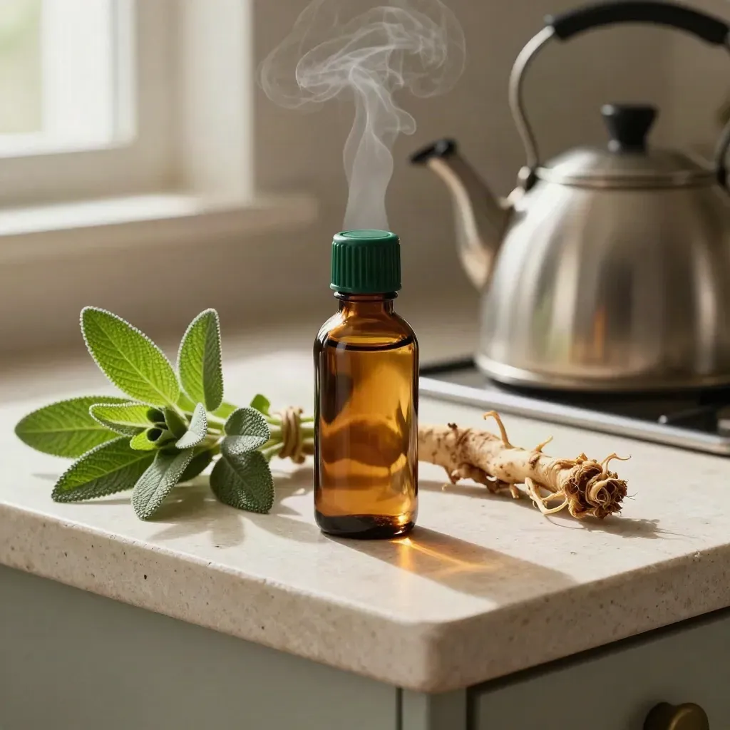 Amber drops bottle on stone ledge with lemon balm, ashwagandha root, and kettle steam.