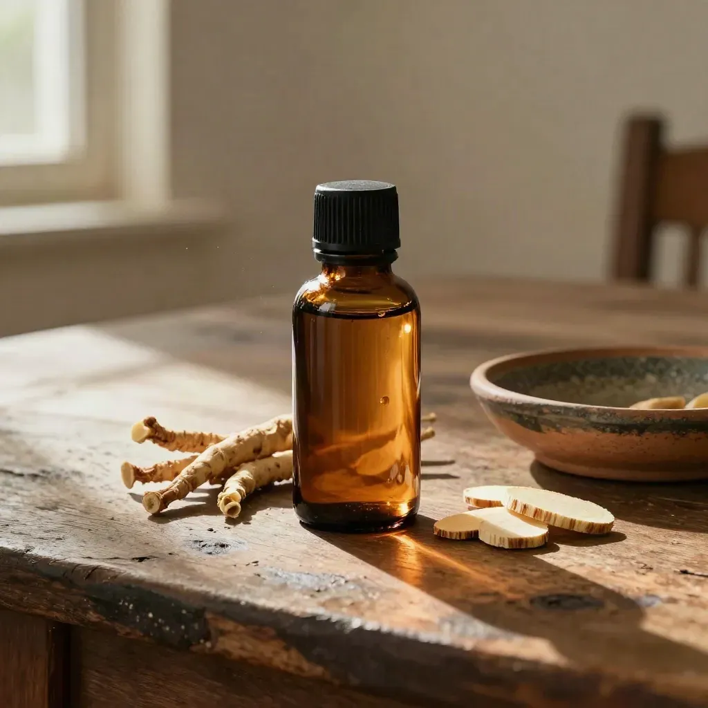 Amber tincture bottle with rhodiola root and ginseng slices on a rustic farmhouse table.
