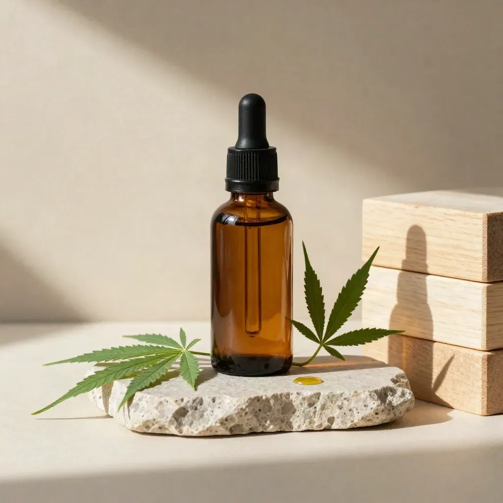 Amber hemp extract bottle with leaf, stone plinth, and pale wood in soft afternoon light.