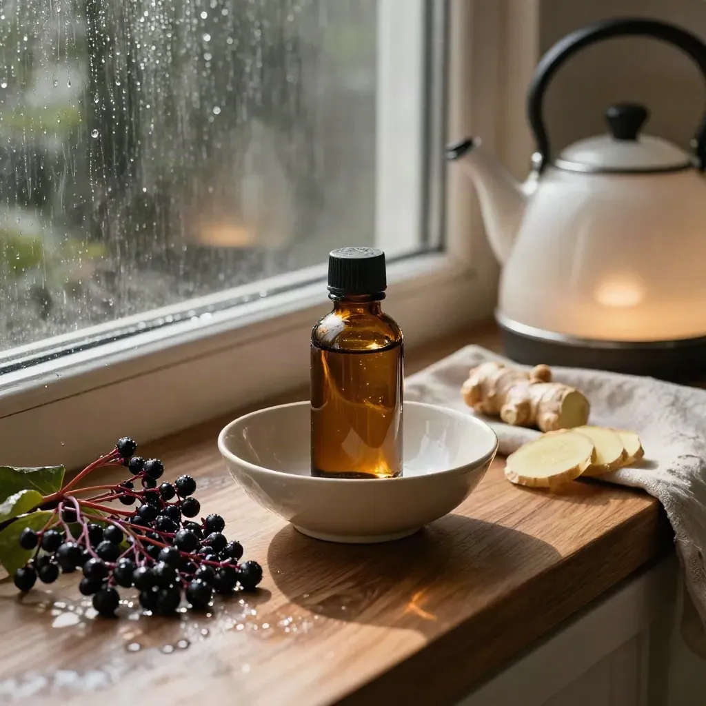 Immune herb drops on a rainy windowsill with elderberry, ginger, and a ceramic bowl.