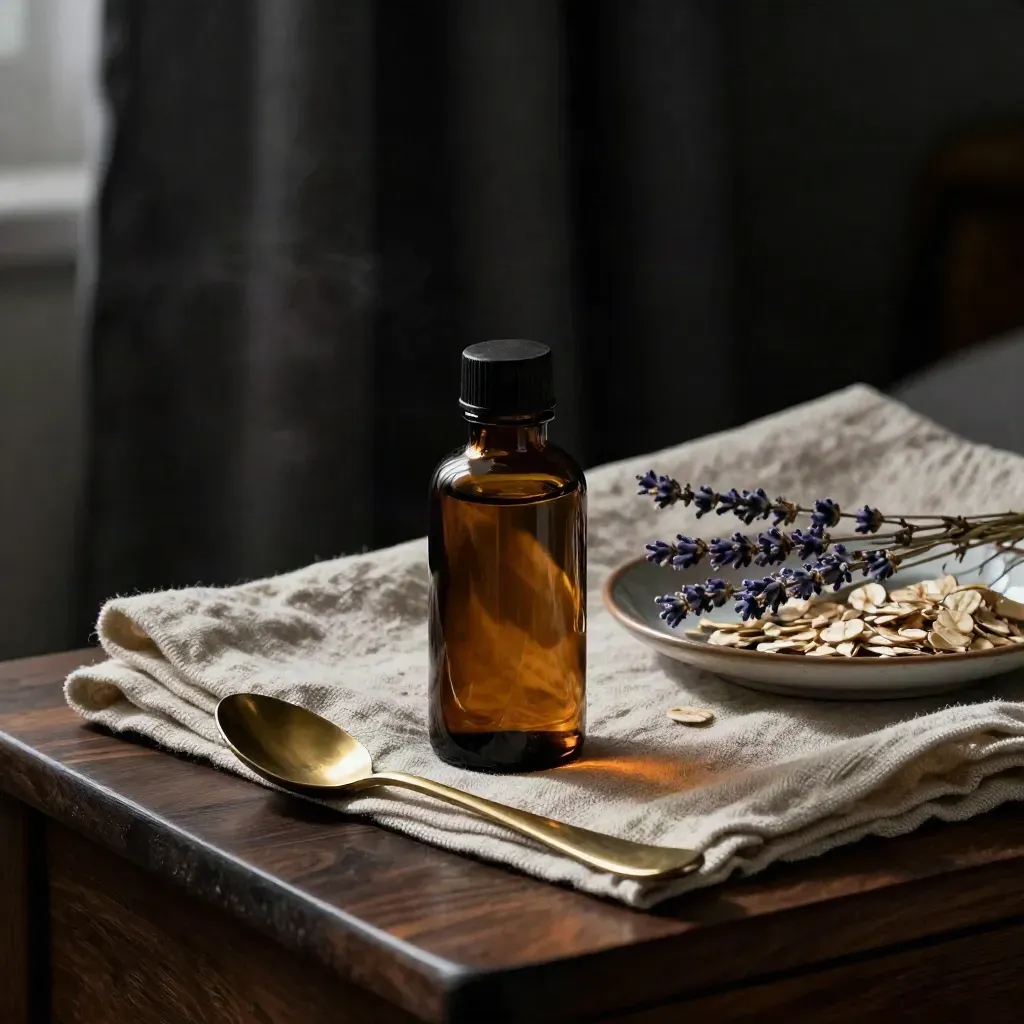Amber sleep tincture bottle beside linen, brass spoon and dried herbs on a dark bedside table.
