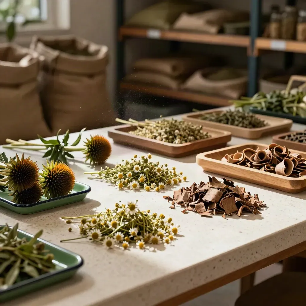 Herb samples of echinacea, chamomile, and bark on a sunlit sorting table