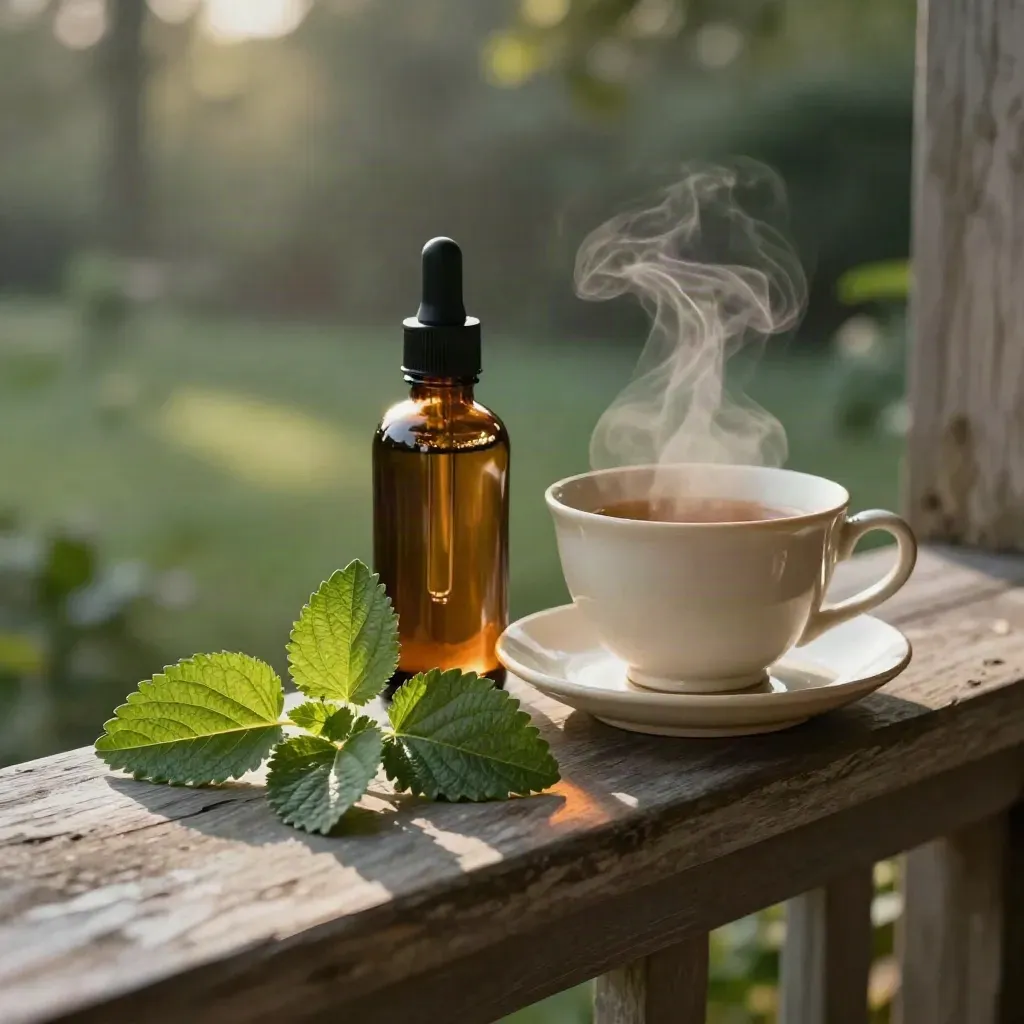 Tea cup, lemon balm sprigs, and tincture bottle on a porch rail at dusk.