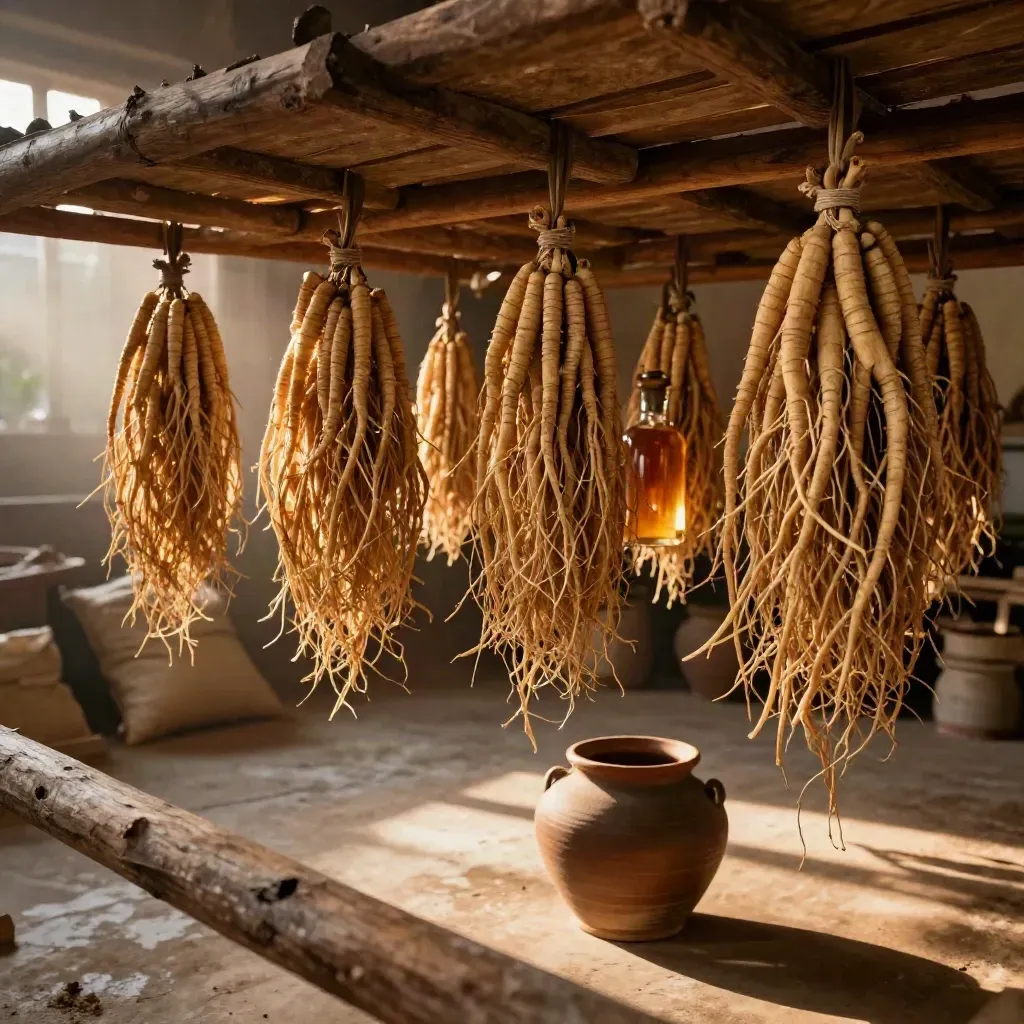 Ashwagandha roots hang from rafters above a tincture bottle and clay pot in warm afternoon light