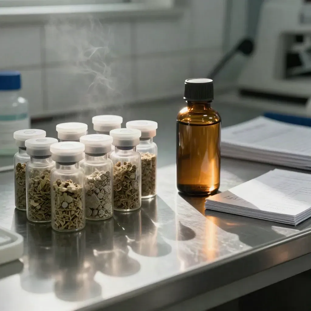 Sample vials and a hemp extract bottle on a lab bench in dramatic morning light.