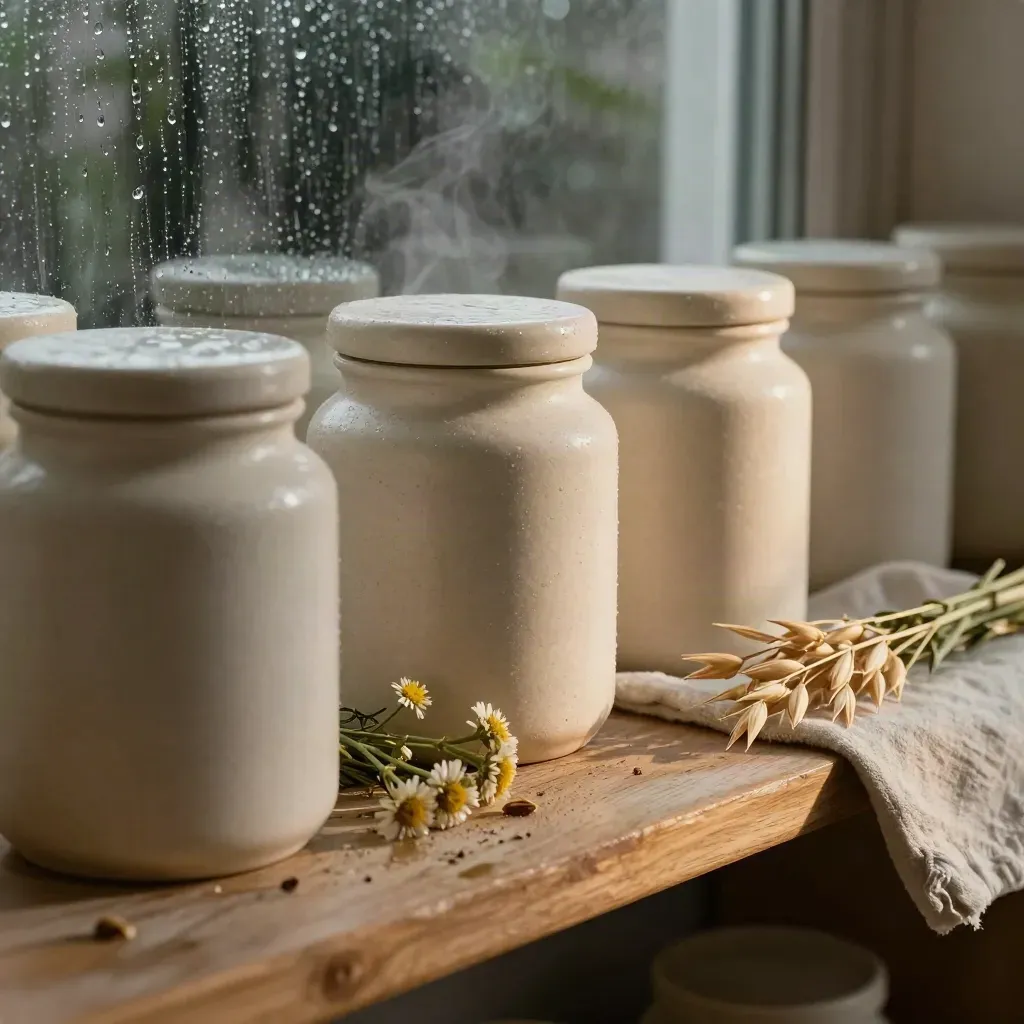 Stone jars and dried herbs on a Portland apothecary shelf by a rain-streaked window.