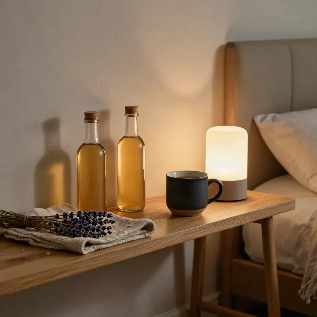 Sleep blend bottles, lavender, mug and folded blanket glowing on a bedside shelf under a dim lamp.