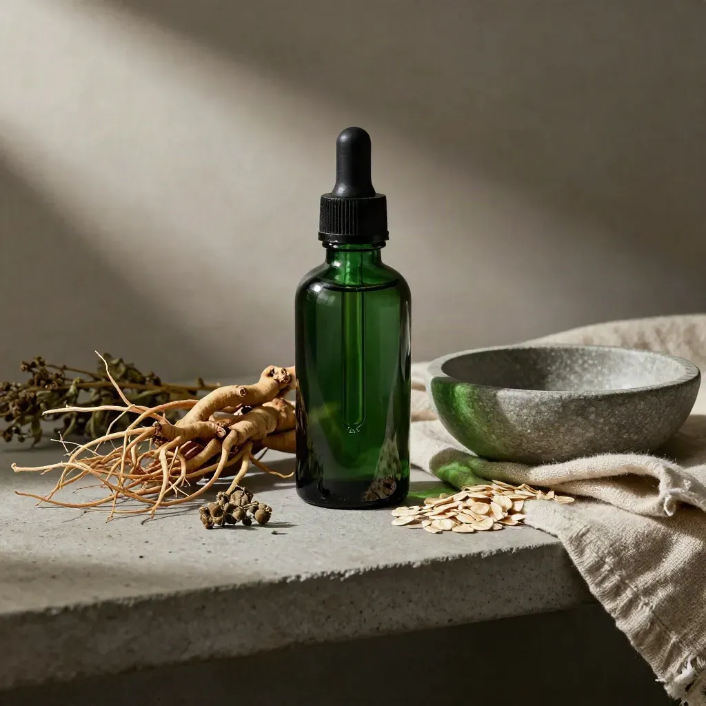 Forest-green tincture bottle with ashwagandha roots and linen on a concrete shelf