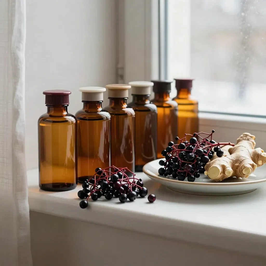 Amber tincture bottles with elderberry, ginger and a ceramic plate on a winter shelf.