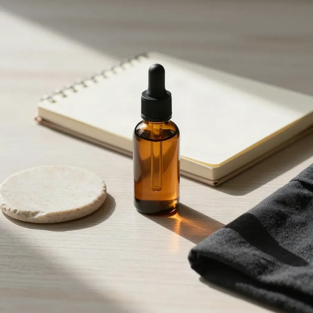 Amber hemp extract bottle with closed notebook, stone coaster, and charcoal cloth on pale wood.