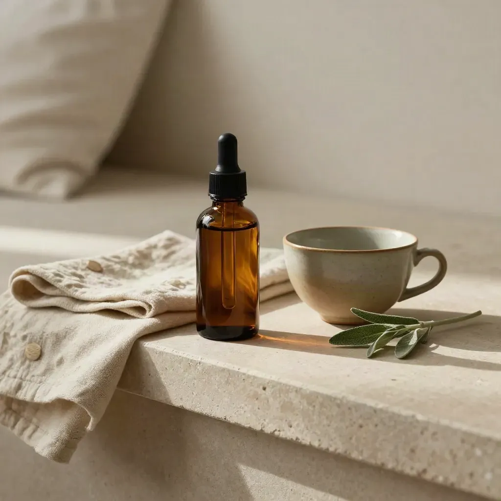 Sleep tincture bottle beside folded linen and a tea cup on a stone bedside ledge.