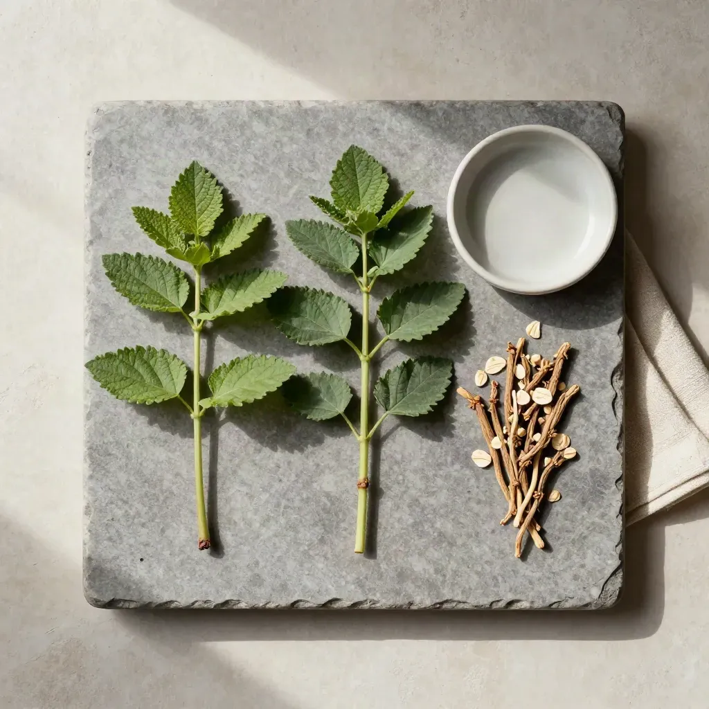 Herbs on a stone tray with a small dish and folded linen, viewed from above.