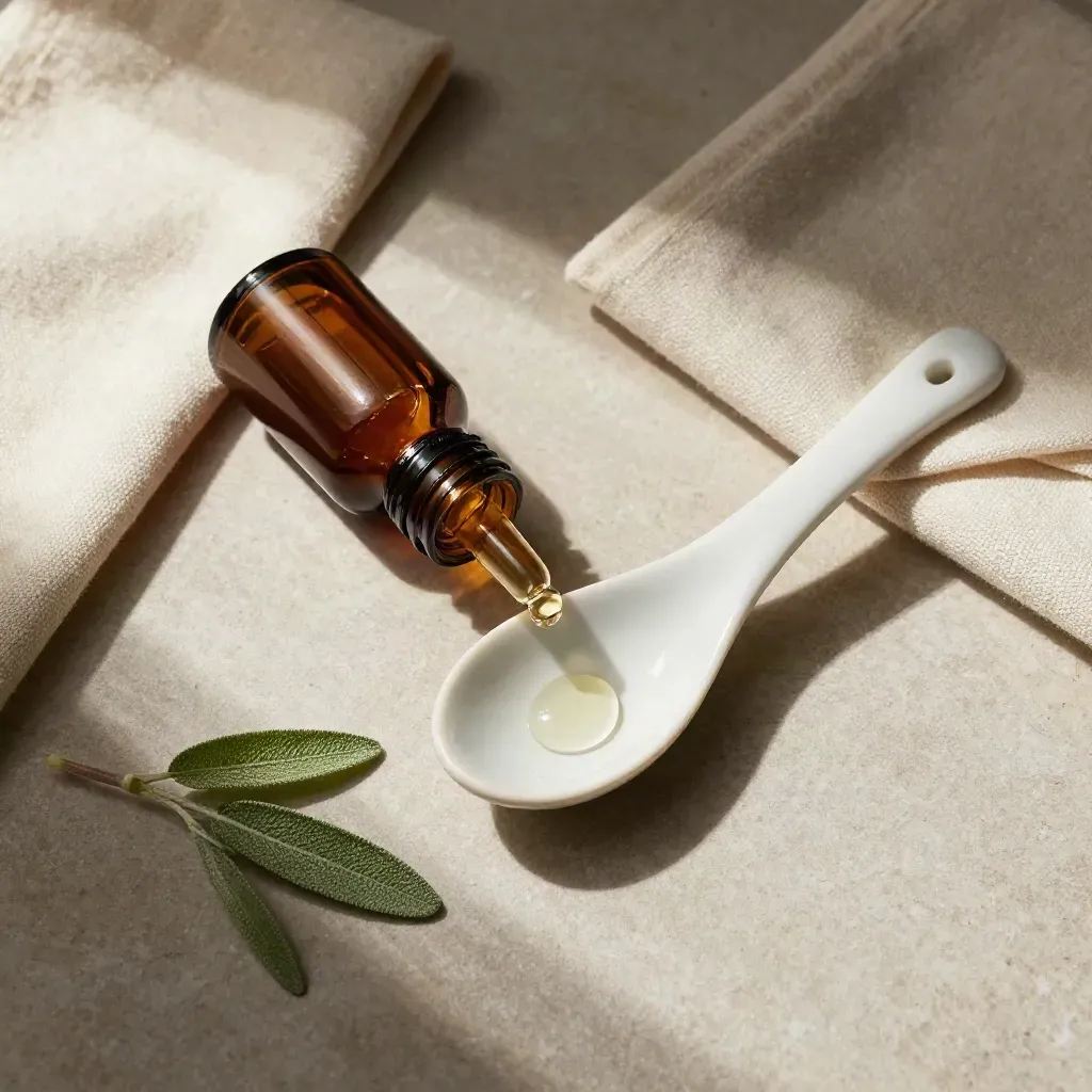 Amber tincture bottle, ceramic spoon with one drop, cream cloth, and sage sprig on stone.